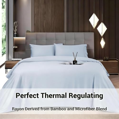 Image of Shilucheng 4 Piece Queen Sheet Sets, Cooling Sheets, Blend Rayon Derived from Bamboo, Deep Pocket Up to 16 inch, Breathable & Soft Bed Sheets, Hotel Silky Bedding Set, Sky Blue