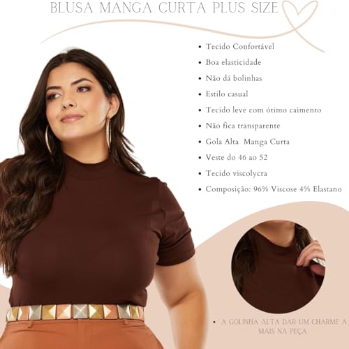 Kit 3 Blusas Femininas Malha Viscolycra Plus Size, Modelagem Justa, Manga Curta, Gola Alta (BR, Alfa