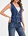 Ladyful Women's Deep V-Neck Denim Vest Bow Tie Front Sleeveless Jean Waistcoat Y2K Fashion Summer Top Tank Dark Blue