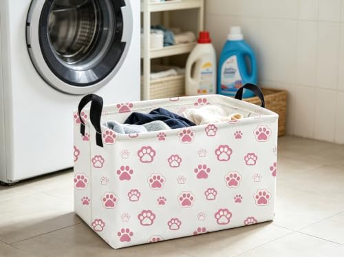 Image of Essme Rectangular Pink Baskets,Dog Basket with Handles for Room Decor, Book Bins,Shelf Basket.(Pink Dog
