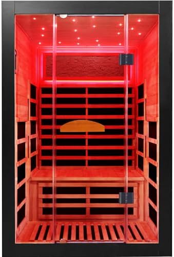 InfraHHZQ Home Far-Infrared Double-Person Sauna Cabin – 2000W 110V Indoor Wooden Dry Sauna Cabin with Digital Control Panel and Built-in Bluetooth Speaker, Dimensions: 47.2 x 41.34 x 74.80 inches