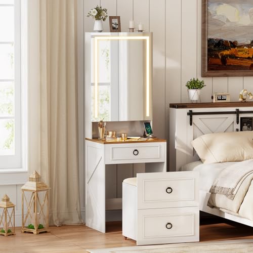 MDGC Makeup Vanity Desk with Mirror and Lights,Small Vanity Desk Set with Charging Station & Glass Top,Compact Dressing Table with Jewelry Cabinet & Storage Wheel Stool for Bedroom, White