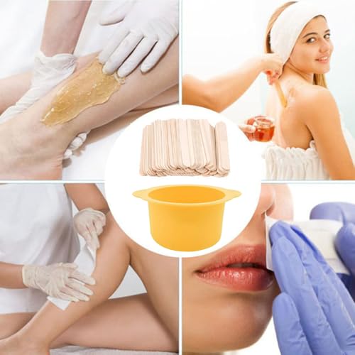 Image of Silicone Wax pot Liner, Silicone Wax Bowl Warmer liner, Non-Stick Melt Pot Replacement, Reusable Melt Liner with 50 Pcs Waxing Sticks Body Hair Removal 14 oz Yellow