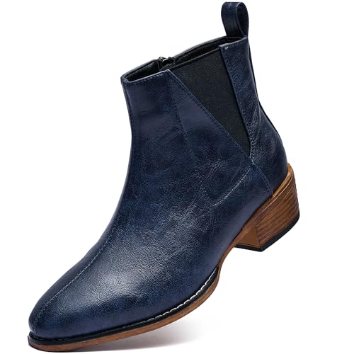 RCTEC Women's Ankle Boots Mid-height Heels Chelsea Zipper Dressy Booties PU(Blue 8.5)