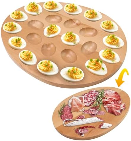 Sutowe Reversible Wood Deviled Egg Platter Large Capacity 18 Slots Deviled Egg Tray Multipurpose Rectangle Deviled Egg Charcuterie Board Home Kitchen