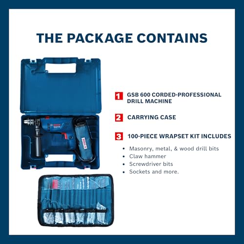 Image of BOSCH GSB 600 Corded Electric Impact Drill Wrap Set| 600W Motor | Speed upto 3000 RPM | Rated Torque of 1.4 Nm | Impact rate of 48000 BPM | Forward /Reverse Rotation, Double Insulation | 1 Yr Warranty