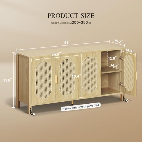 DWVO 4 Door Dressers Storage Cabinet Natural Rattan Oak Wooden Chest with Golden Handles - Modern Large Closet Boho for Living Room/Hallway/Entryway