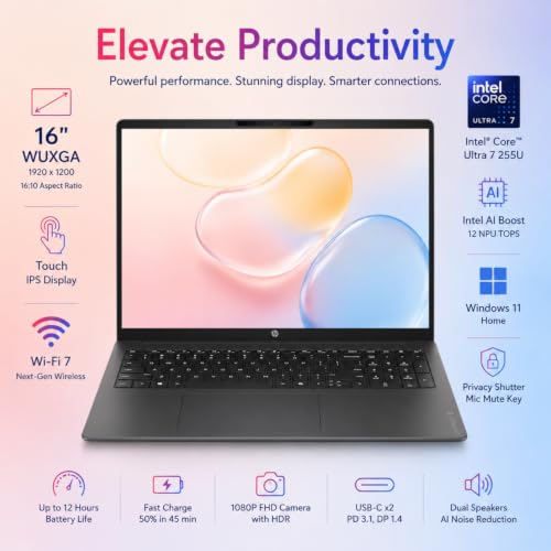 Image of HP OmniBook 3 16 inch Next-Gen AI Business Touchscreen Laptop, Intel Core Ultra 7 255U (12-Core), 32GB DDR5 RAM, 1TB SSD, WUXGA IPS Display, Numeric Keypad, Wi-Fi 7, Windows 11