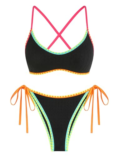 Image of ZAFUL Women's Tie Back Padded High Cut Bralette Bikini Set Two Piece Swimsuit