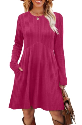 Image of OFEEFAN Long Sleeve Dress for Women Crew Neck Empire Waist Tunic Dress with Pockets