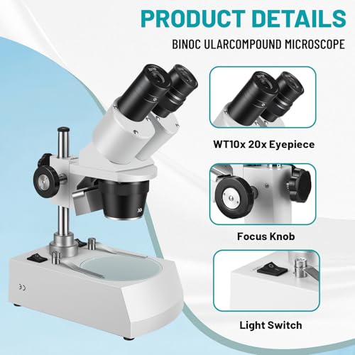 Image of Stereo Microscope，Binocular Microscope, WF10x and WF20x Eyepieces, 10X-80X Magnification, Upper and Lower LED Light Source, Pillar Stand,120V Power Supply and Lithium Battery