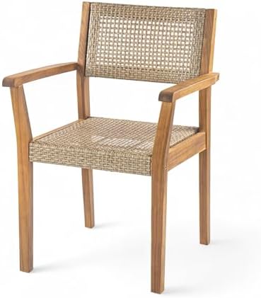 Christopher Knight Home Set of 2 Amaris Farmhouse Patio Garden Furntiure Acacia Wood Dining Chairs, Armchair for Indoor/Outdoor Dinner, Woven Wicker Accents, Poolside Kitchen Side Chair, Teak+Beige - Thumbnail 4