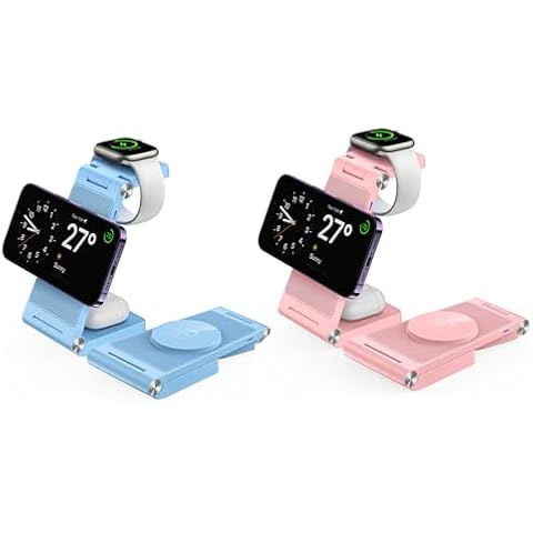 2 Pack GEJIUCAI Magnetic Wireless Charger Foldable 3 in 1 Charging Station for iPhone 15 14 13 12 Series, for Apple Watch 9/8/7/6/5/4/3/2(Pink & Light Blue) Cover