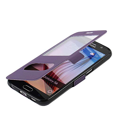 MTRONX para Funda Samsung S6, Doble Ventana Vista Cierre Magnetico Soporte Estante Ultra Folio Flip Twill PU Cuero Delgado Piel Carcasa para Samsung Galaxy S6 - Morado(MS2-PP)