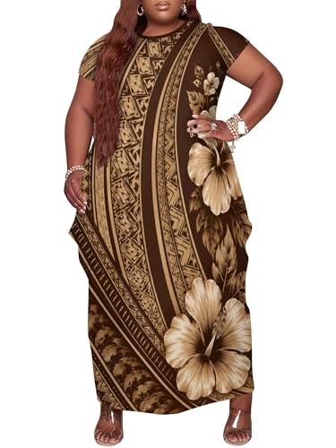 Image of Plus Size Maxi Dress for Women Short Sleeve V Neck Casual Loose Sundress with Pockets