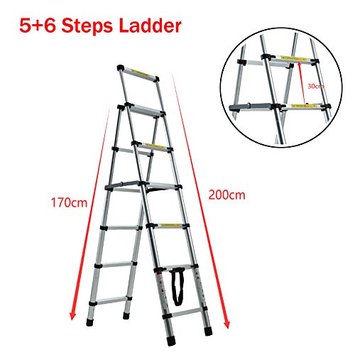 Telescopic Ladder 5+6 Step Aluminum Telescoping Collapsible Ladder, A-Frame Extension Ladder with Safety-Lock and Anti-Slip Pedal, Foldable Lightweight Ladders for Home DIY