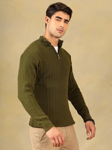 Image of Kvetoo Men's Full Sleeve High Neck Zipper Sweater| Warm Cable Knit Quarter Zip Pullover | Wool Winter Sweater for Casual & Office Wear