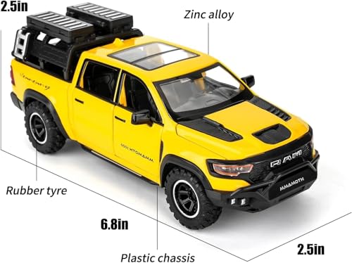 Image of 1 /32 Ram Pickup Truck Diecast Model Toy Car Metal Truck with Sound & Light Pull Back Friction Powered Toy Vehicle Openable Doors Collectible Gift for Kids & Boys (Yellow)