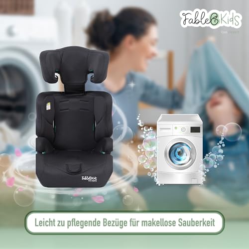 FableKids Kinderautositz 9-36 kg | 3-Punkt-Sicherheitsgurt | Autokindersitz ab 15 M. | Autositz für Kinder 76-150 cm | Kindersitz einstellbare Kopfstütze ECE R129/03 | Verstellbar | Schwarz