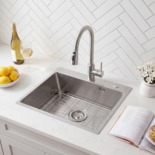 Image of Geetery 20 x 16 Inch Drop in Bar Sink, 9 inch Deep Single Bowl 304 Stainless Steel Top Mount Small Kitchen Sink Set with Grid Drain Strainer P-trap Drain Kit for Kitchen Island Prep Bar Rv Laundry Room