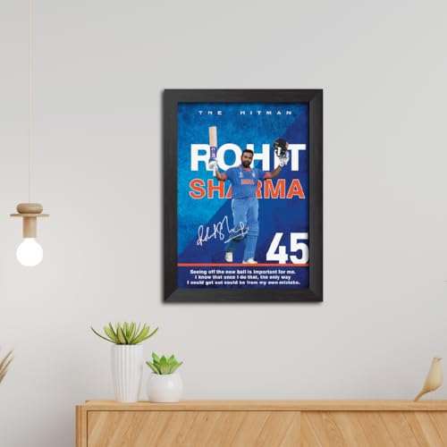 Image of TenorArts Rohit Sharma Poster with Quotes Indian Legend Cricket Player Photo Frame Painting with Matt Finish Black Textures (12 inches x 9inches)