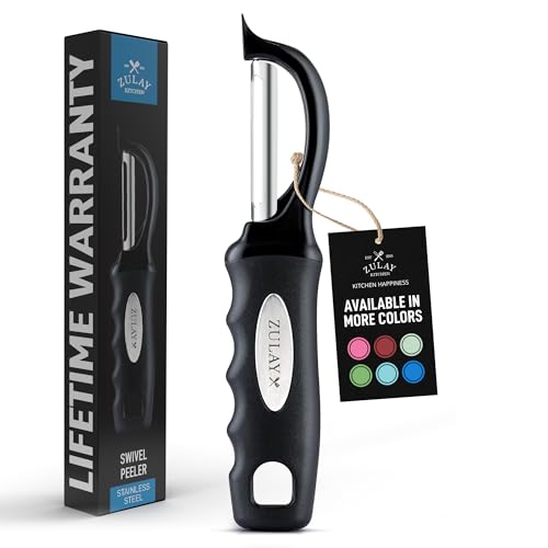 Zulay Kitchen Premium Vegetable Peeler for Kitchen - Swivel Peeler with Razor Sharp Stainless Steel Blades & Strong Ergonomic Handle - Dishwasher Safe, Easy To Use with Blemish Remover - Black