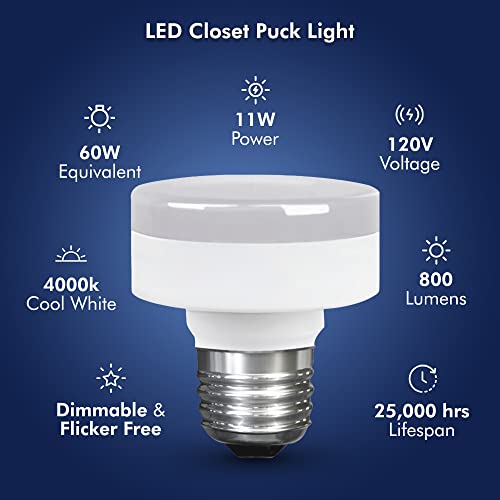 Image of Xtricity LED Puck Light Bulb, E26 Bulb Base, Dimmable, Flat Light Bulb 11W (60W Equivalent), 800 Lumens, 4000K Cool White, Low Profile Light Bulb 120V, UL Listed (2 Pack)
