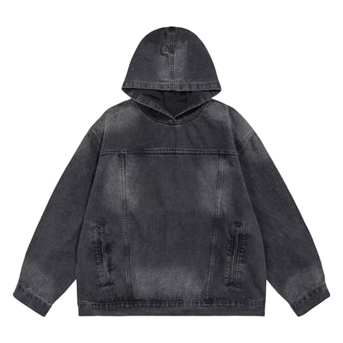 Men's Washed Distressed Denim Hoodie Oversized Long Sleeve Hooded Pullover Trendy Vintage Tops Outfits
