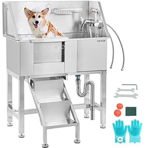 VEVOR 34" Pet Grooming Tub Stainless Steel Dog Wash Station Pet Washing Station and Dog Bath Tub Water-Resistant Grooming Tub for Dogs with Removable Door & Ladder on The Left