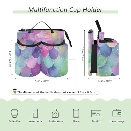 Image of Luggage Cup Holder for Suitcases Free Hands Suitcase Cup Holder Travel Luggage Drink Holder Portable Luggage Cup Caddy Bag Carrier with Handle Watercolor Mermaid Scales Colors