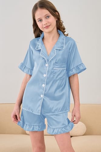 Summer Satin Pajama 2 Pieces Ruffles Sleeve Shorts Loung Sets Button Down Sleepwear for Teen Girls with Pockets3