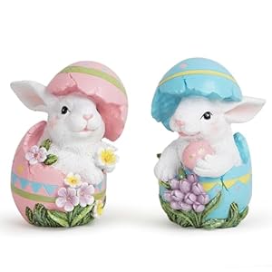 Hodao Easter Bunny Decorations Spring Easter EggCup Bunny Indoor Home Decor Farmhouse Country Style Flowers Bunny Figurines 2pcs Easter Egg Rabbit Color 1
