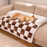 FUNNYFUZZY Pet Couch Covers for Sofa, Dog Couch Cover Fuzzy Sofa Cover Cream Square Plaid Cozy Dog Mat Furniture Protector Cover, Brown, Small