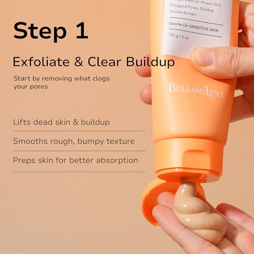 Image of BellamiLuxx 3-Step Back & Body Acne Treatment Set - Body Acne Soap Bar, Exfoliating Scrub & Bacne Spray - For Body Bumps, Congestion & Breakouts - For Back, Chest, Shoulders