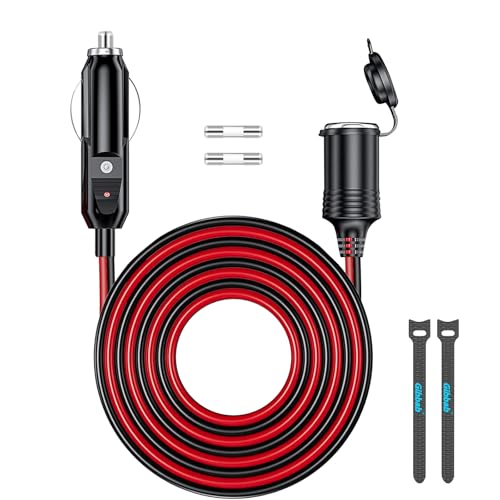 12V/24V 16AWG Zigarettenanzünder-Verlängerungskabel 4.9FT (1.5m) 156W/20A Stecker auf Buchse Adapter mit LED-Beleuchtung (Inklusive 20A Sicherung & 2 Ersatzsicherungen)