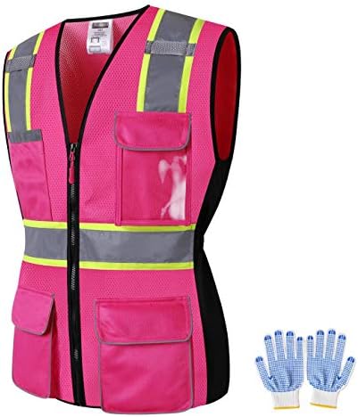 JKWEAR Women Safety Vest, Multi Pockets High Visibility Reflective Breathable Mesh Work Vest For Lady, Durable Zipper (Medium, Pink Purple)