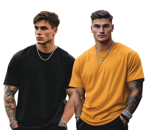 Image of Veirdo Solid Oversized 100% Pure Cotton Combo T-Shirt for Men & Boys (Half Sleeves, Round Neck, Drop Shoulder, Baggy Fit, Pack of 2, Available in S to 2XL