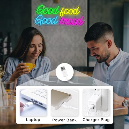 Image of Looklight Good Food Good Mood Neon Sign Letter Neon Signs for Wall Decor Colorful Led Lights for Kitchen Fast Food Shop Cafe Restaurant Store Snack Shop Room Decorations Gifts