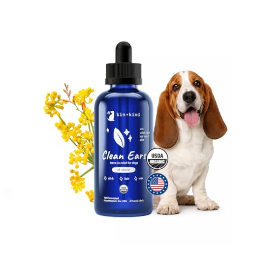 kin+kind Clean Ears - Natural Leave-in No-Rinse Dog Ear Cleaner Solution - USDA Organic Non-Greasy - 4 fl oz