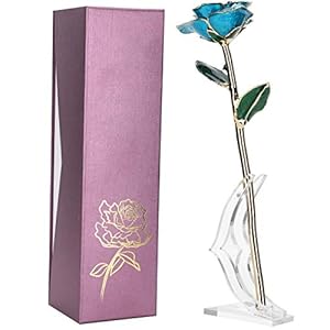 Ejoyous Blue Rose Dipped Gold, Golden Plated Forever Eternal Rose Flower with Crystal Stand for Her, Mothers Day…