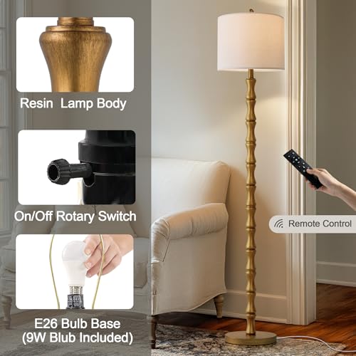 Image of BOBOMOMO 62 inch Rustic Farmhouse Floor Lamp Antique Gold with Remote & Dimmable 9W Bulb, 3 Color Temperatures Resin Standing Lamp, Retro Tall Lamp for Living Room, Bedroom, Nursery, Office, Reading Nook