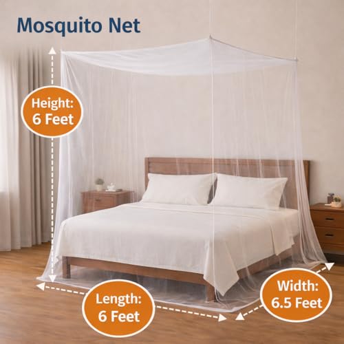 Image of Mosquito Net for Double Bed (6x6.5 ft) - Premium Square Design Polyester Machardani | Hanging Bed Netting for Home & Travel | Durable Insect, Fly & Bug Protection Screen (White)