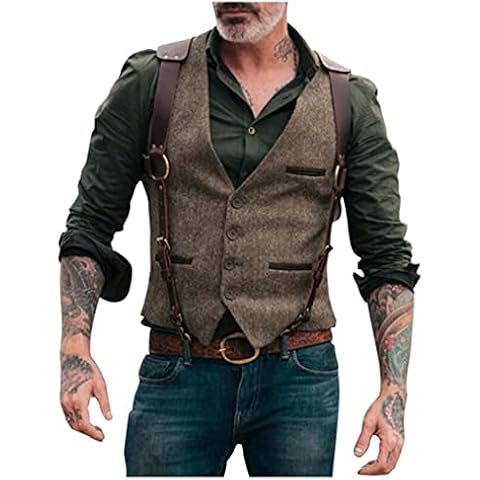 Burband Mens Wool Blend Herringbone Tweed Suede Leather Suit Vests Western Cowboy Slim Fit Grooms Dress Vest Waistcoats Brown, X-Large Cover