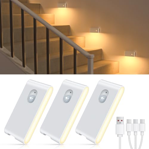 WILLED Luz Nocturna con Sensor de Movimiento, [3 Piezas] Luz Nocturna Infantil USB-C Recargable con, Luz LED Adhesiva, AUTO/ON/OFF, para Escalera, Pasillo, Cocina, Garaje, Sótano