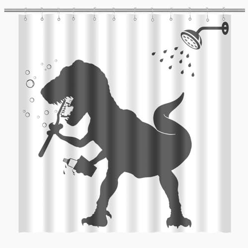 Image of Dinosaur Shower Curtain Funny Dino for Kids Boys Bath Curtain Trex Silhouette Animal Shadow Cartoon Black White Bathroom Waterproof Polyester Fabric 72Lx72W Inch with Hooks