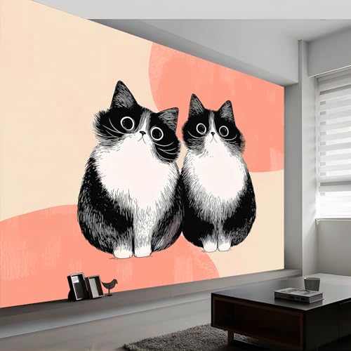 Papel Pintado Panorámico Dibujos Animados Animales Gato, Papel Pintado No Tejido Dibujo a Mano para Dormitorio Salón Comedor - Decoración Mural Moderna Fondo Fotográfico Artístico 400An x 280Al cm