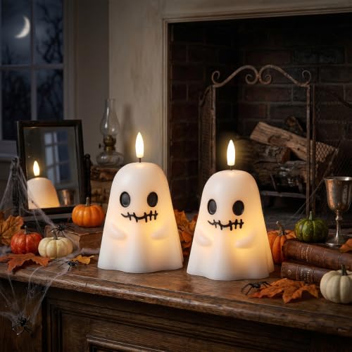 Image of Halloween Spooky Ghost Flameless Candles Battery Operated with Timer | White, Real Wax 3D Wick Flickering, 6H Timer, LED Light, Spooky Halloween Indoor Decor & Gift, 3.5 inch x 5.5 inch, 2 pack