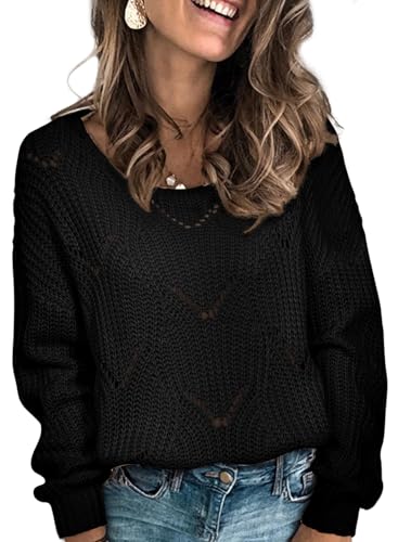 Dokotoo Sweater Women Ladies Cute Elegant Soft Thick Crewneck Solid Hollow Out Chunky Autumn Winter Fall Cozy Soft Long Sleeve Cable Knit Pullovers Sweaters for Women Black Small