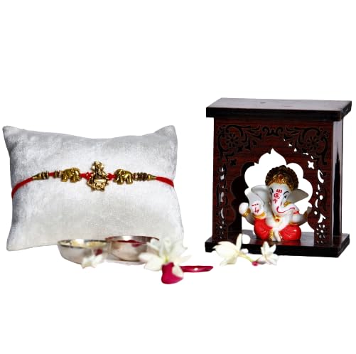 EXPLEASIA Mukut Ganesha Idol with Wooden Temple for Home mandir| Temple| Car Dashboard| Gift Items | Festival Item| showpiece