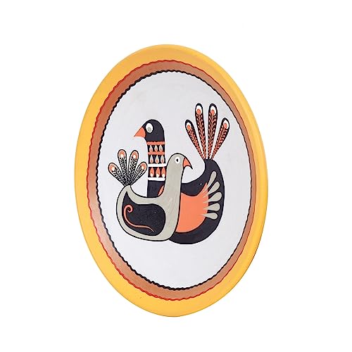 Image of Aakriti Art Creations Winged Melodies Terracotta Wall Decor Plate, Pichhwai Art Wall Hanging Plate Set of 1 Yellow Color | Glossy Finish Terracotta | Home Items for Living Room, Bedroom, Office